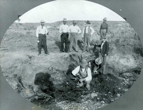 In this undated photo by F.M. Steele, soil samples are gathered for an early oil well in Seward County, Kansas.