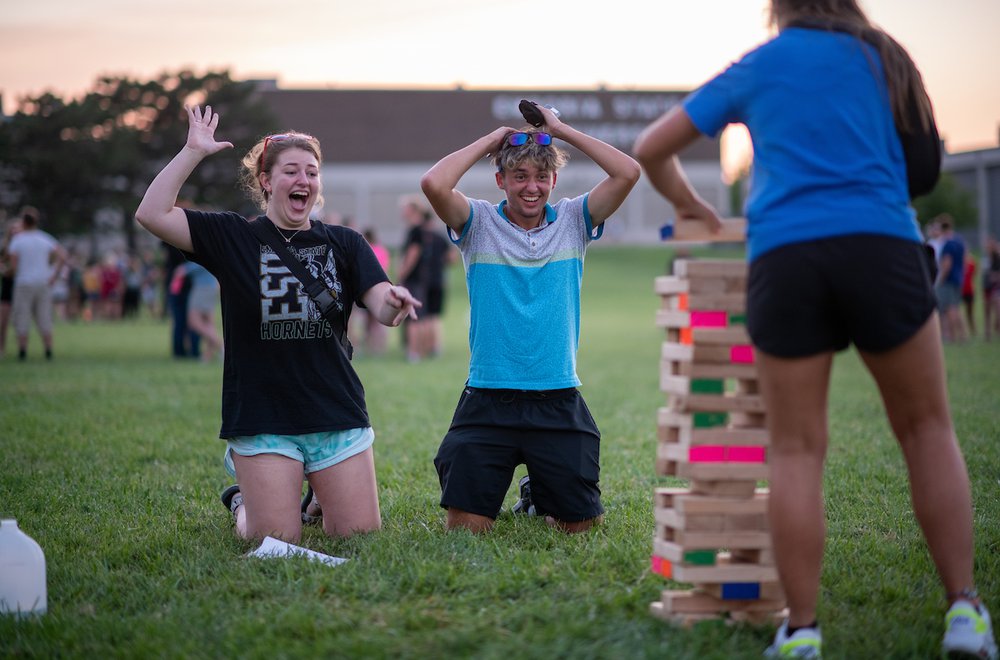 Students playing Jenga during Welcome Week