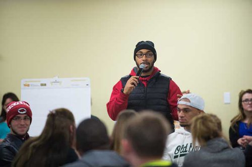 Emmanuel Cockrell, president of Black Student Union, encourages students at Emporia State University to speak about their experiences and thoughts on equity and inclusion.