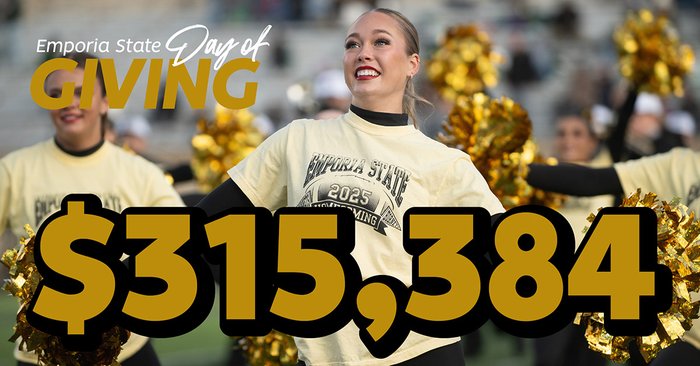 Photo of cheerleaders is behind type of dollar figure of total donations.